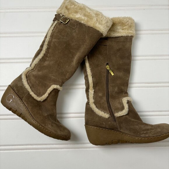 Guess Shoes - Guess Boots By Marciano Jefter Faux suede fur y2k wedge 10M side zip gold hardwe
